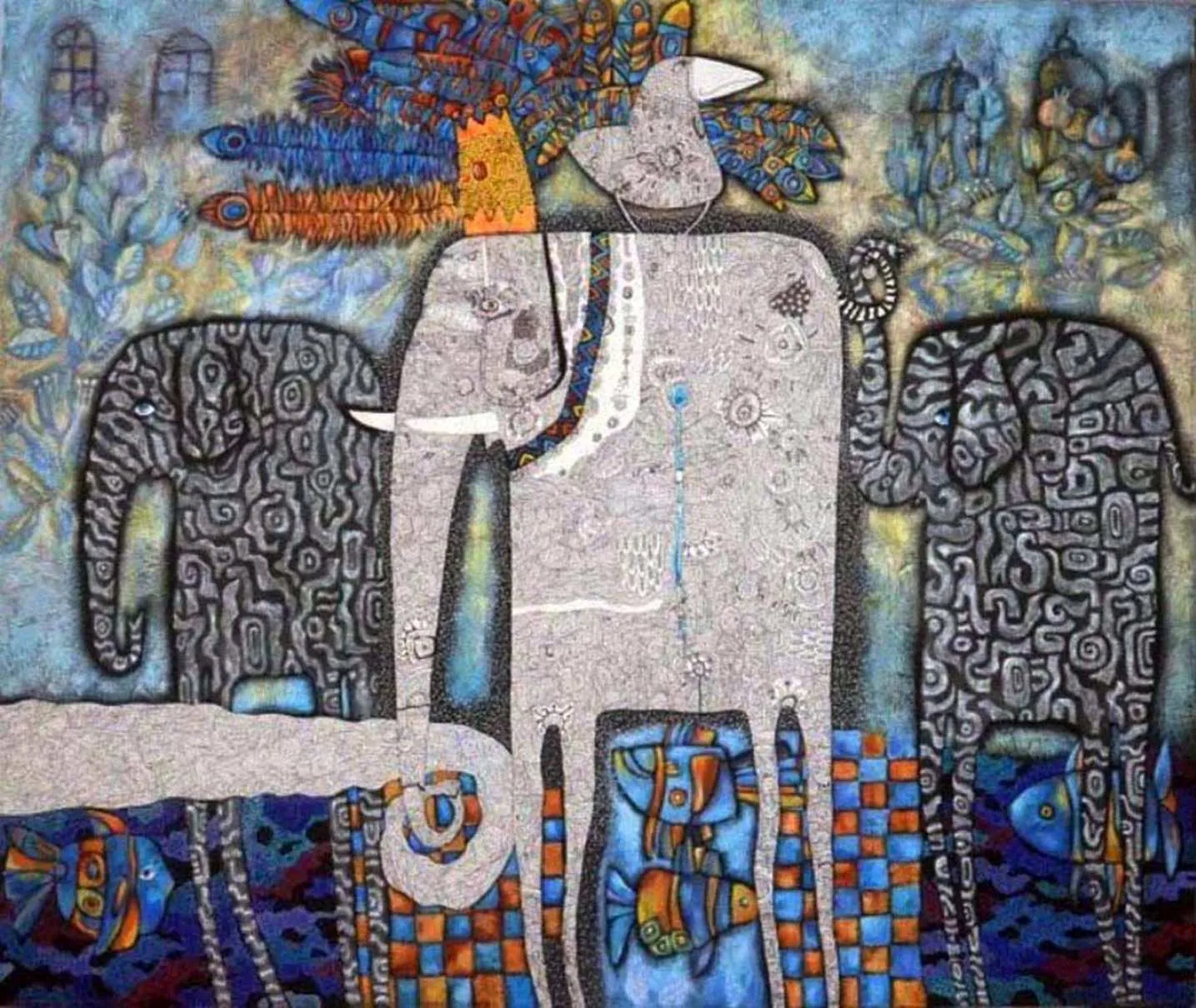 Mystical Island by Yelena Revis, a large abstract painting in blues and greens with drawn linework.