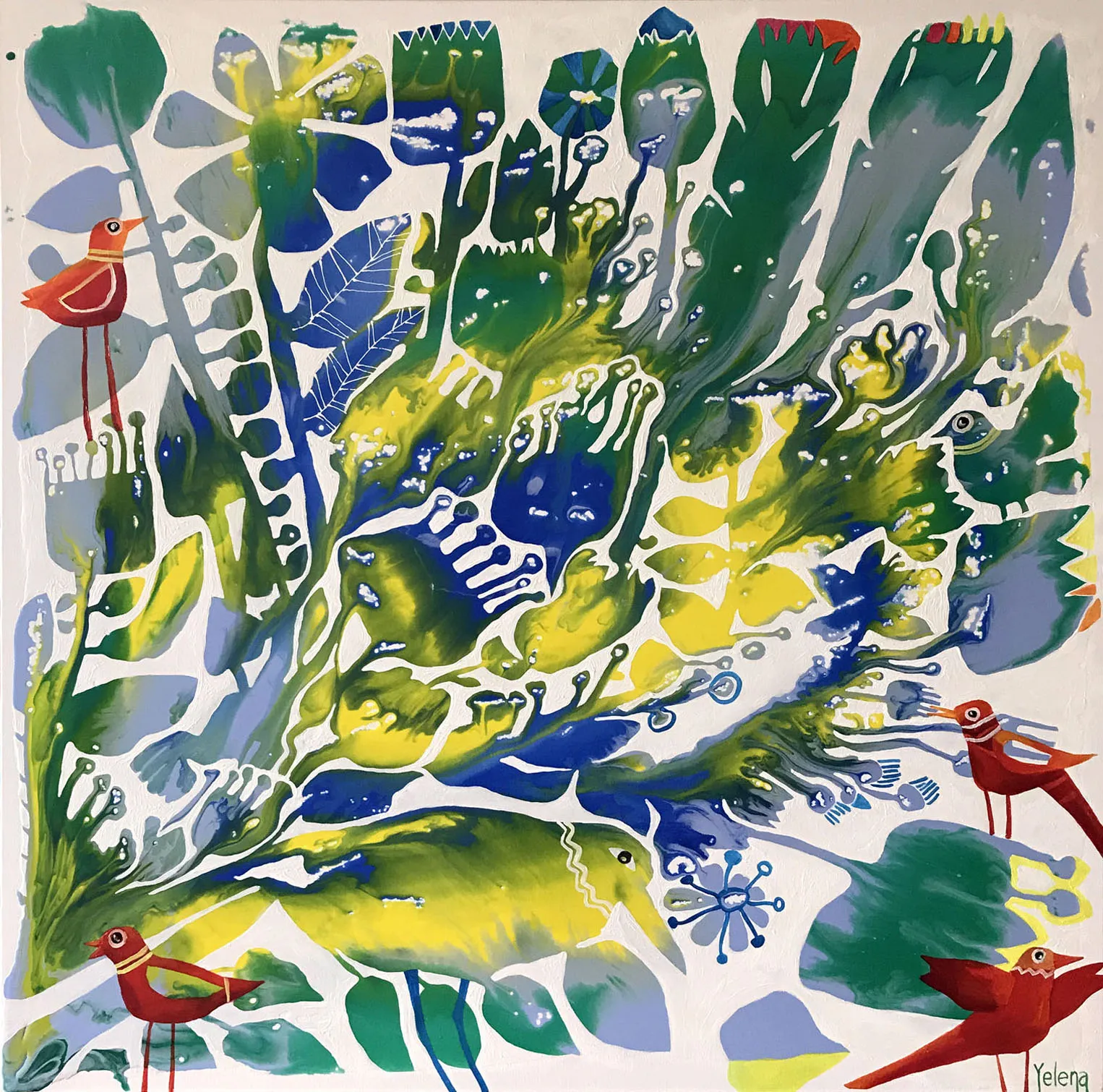 Summer Time by Yelena Revis, a square abstract painting in warm yellows, reds and greens.